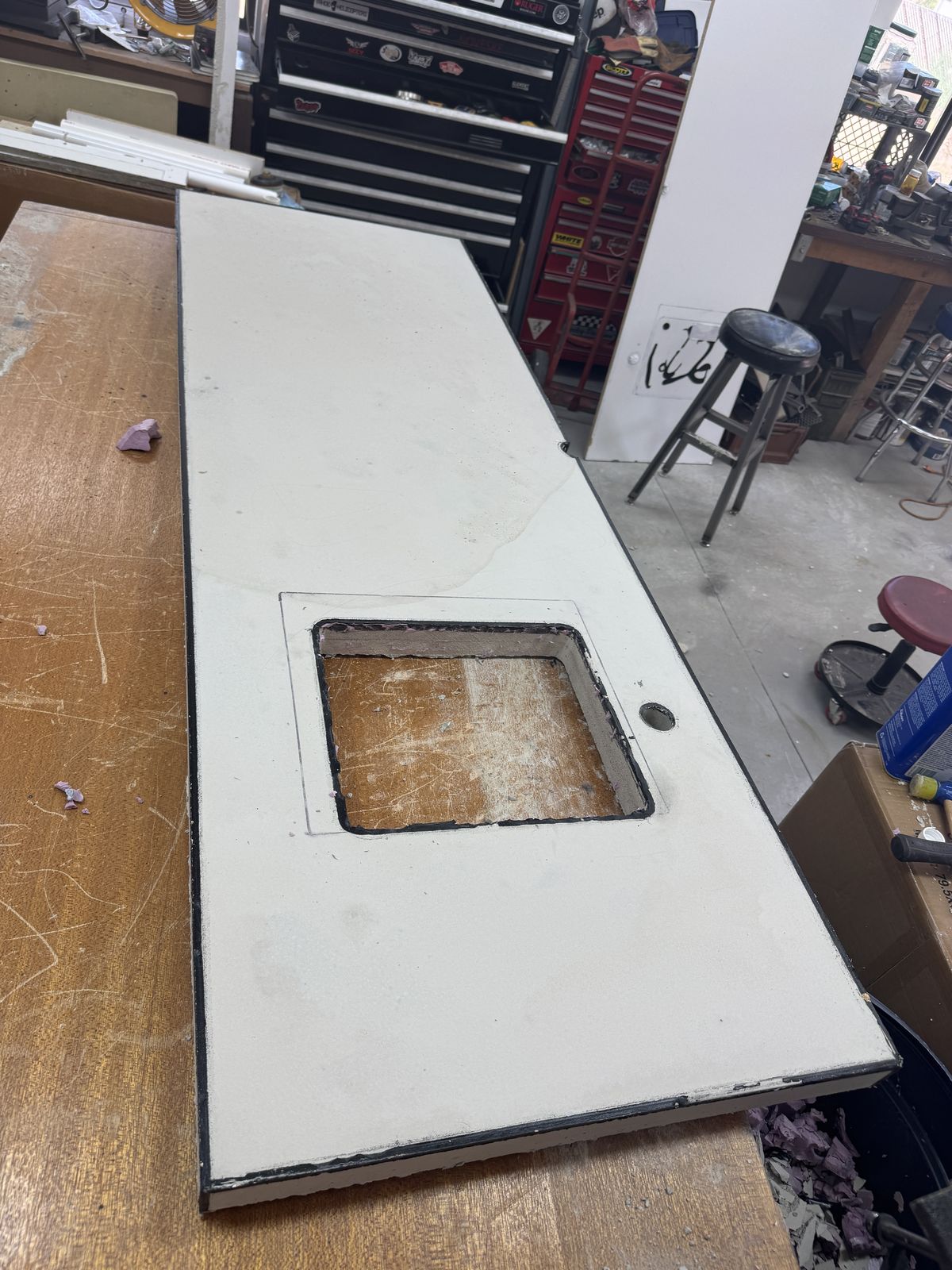Concrete cured and out of the mold, sink opening clean.