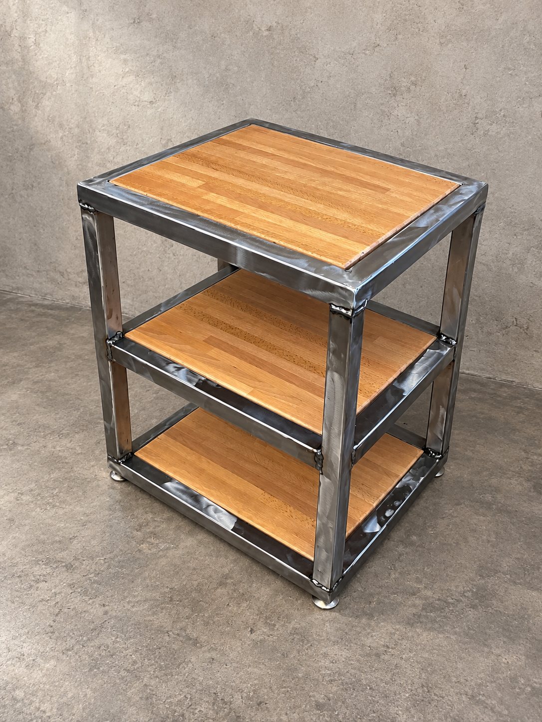 Steel-frame nightstand with three butcher-block shelves